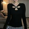 Frühling Damen Hohl Rundhals Taille Enges Innen Langarm T-Shirt