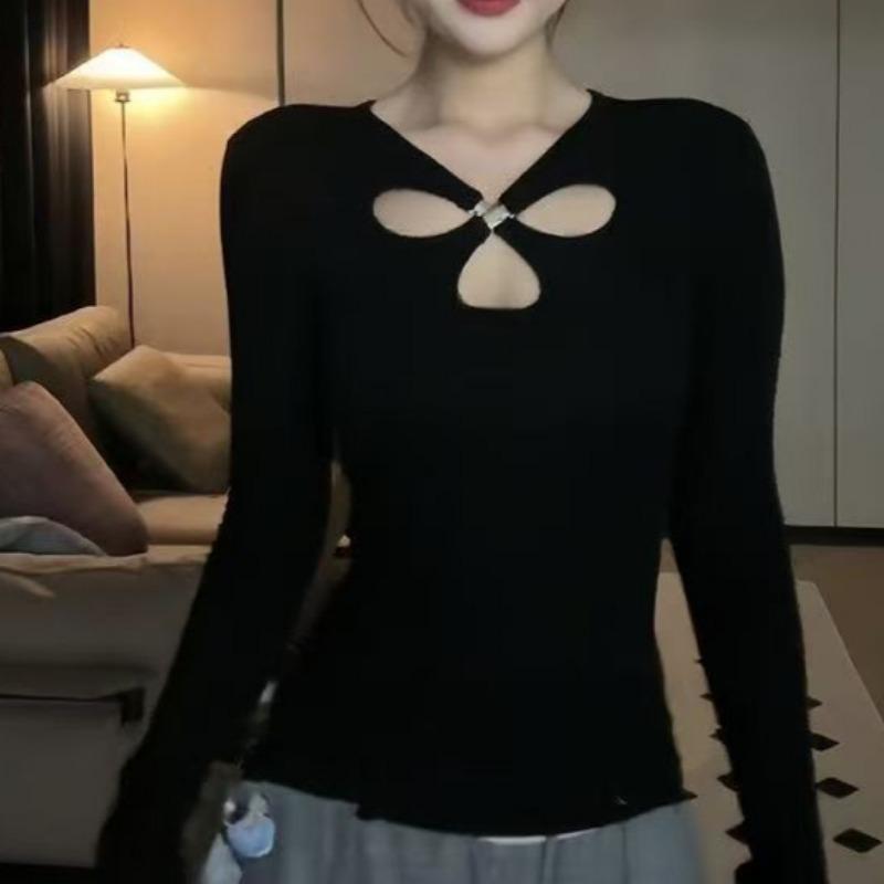 Spring Women's Hollow Round Neck Waist Tight Inner Long Sleeve T-shirt