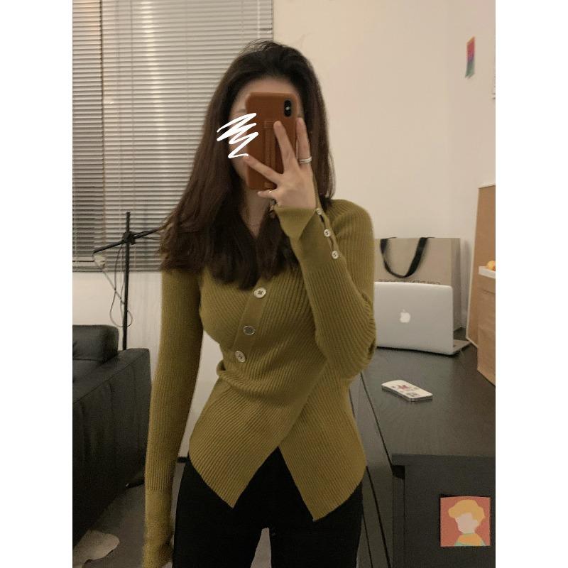 Irregular pure desire and thin, collar sweater crossed A waist slim split fork pullover knitted long-sleeved inner top