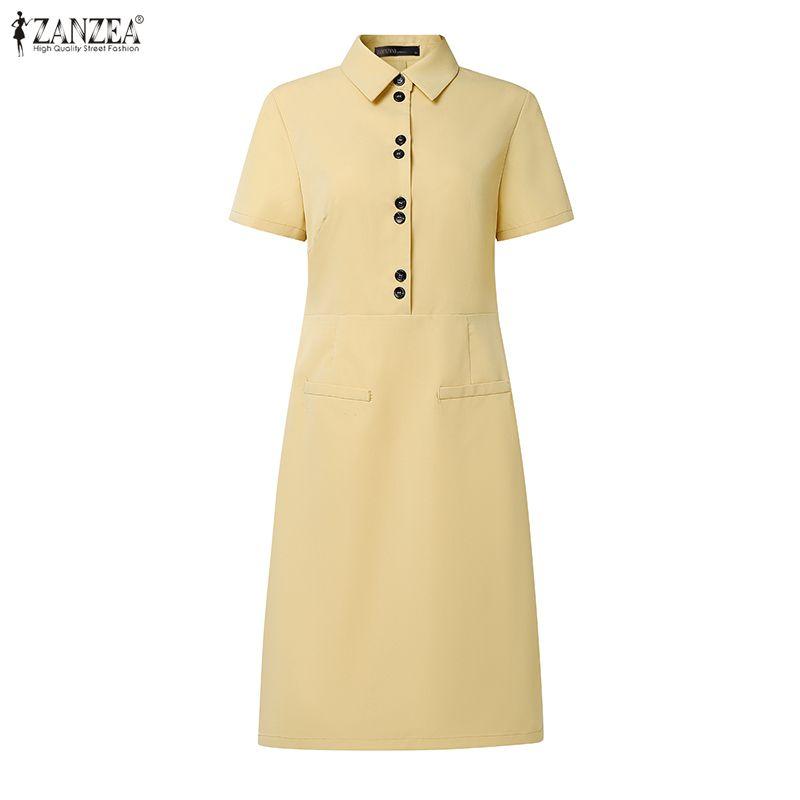 ZANZEA Lässiges Kleid mit Umlegekragen und einfarbigen Kurzarm für Damen
