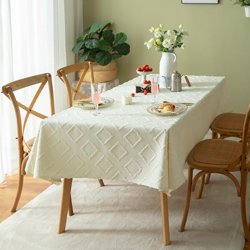 French Cream Style Rectangular Tablecloth Cotton Linen Look Luxury White Dining Table Cover 90*90cm