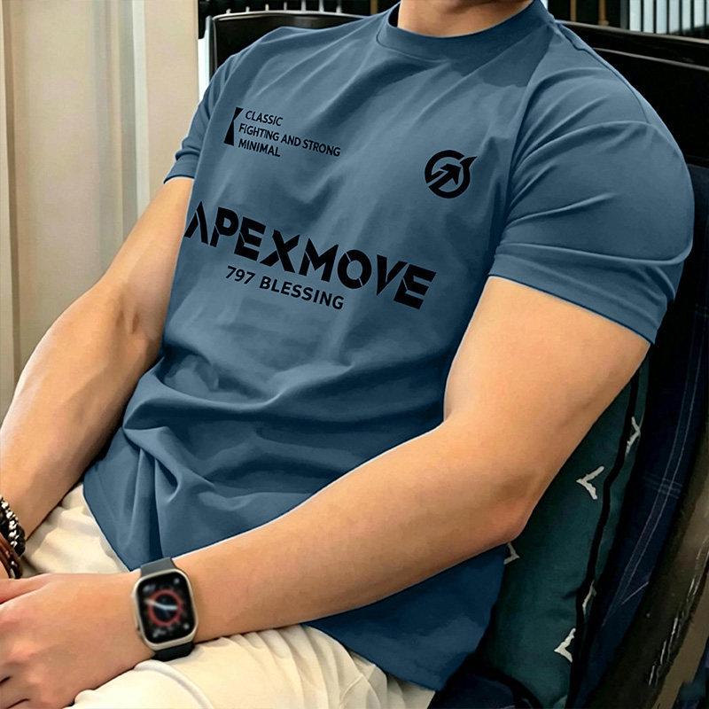 Men's American-Style Short Sleeve Workout T-Shirt, Cuffed Sleeves, Muscle-Enhancing, Stretchy, Heavyweight, Small Collar, Summer.