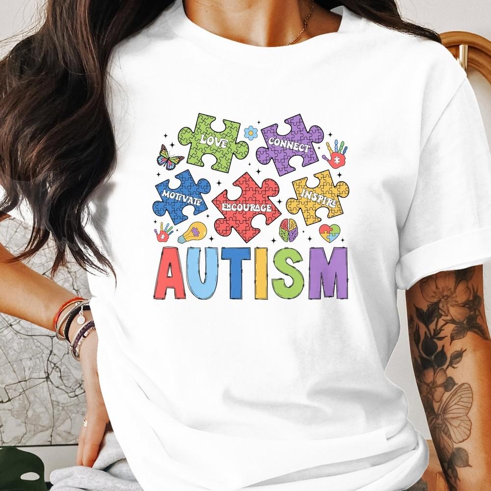 Autism Awareness T-Shirt, Love Motivate Inspire Encourage Connect Puzzle  #26 Unisex T-Shirt S