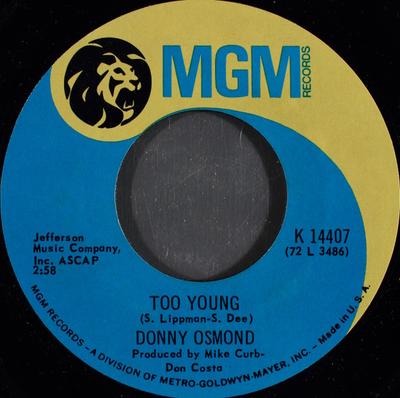 7inch Record DONNY OSMOND - Too Young K14407 MGM Records 1972 US Pop Used