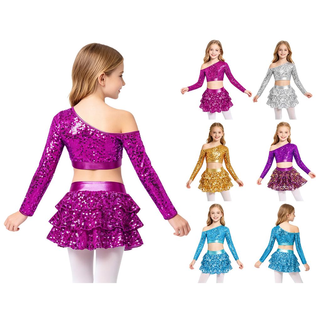 Conjunto de Top Corto Brillante con Lentejuelas, Manga Larga, de Un Hombro y Pantalones Culotte con Volantes en Capas para Niñas, Danza Jazz, Competición de Escenario