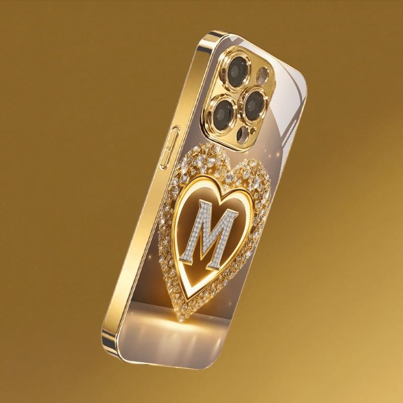 Sparkling Heart Letter M Pattern Metallic Paint Glass Phone Case For iPhone 17 16 15 14 13 12 11 Pro Max Plus 17 Air 16E Cover