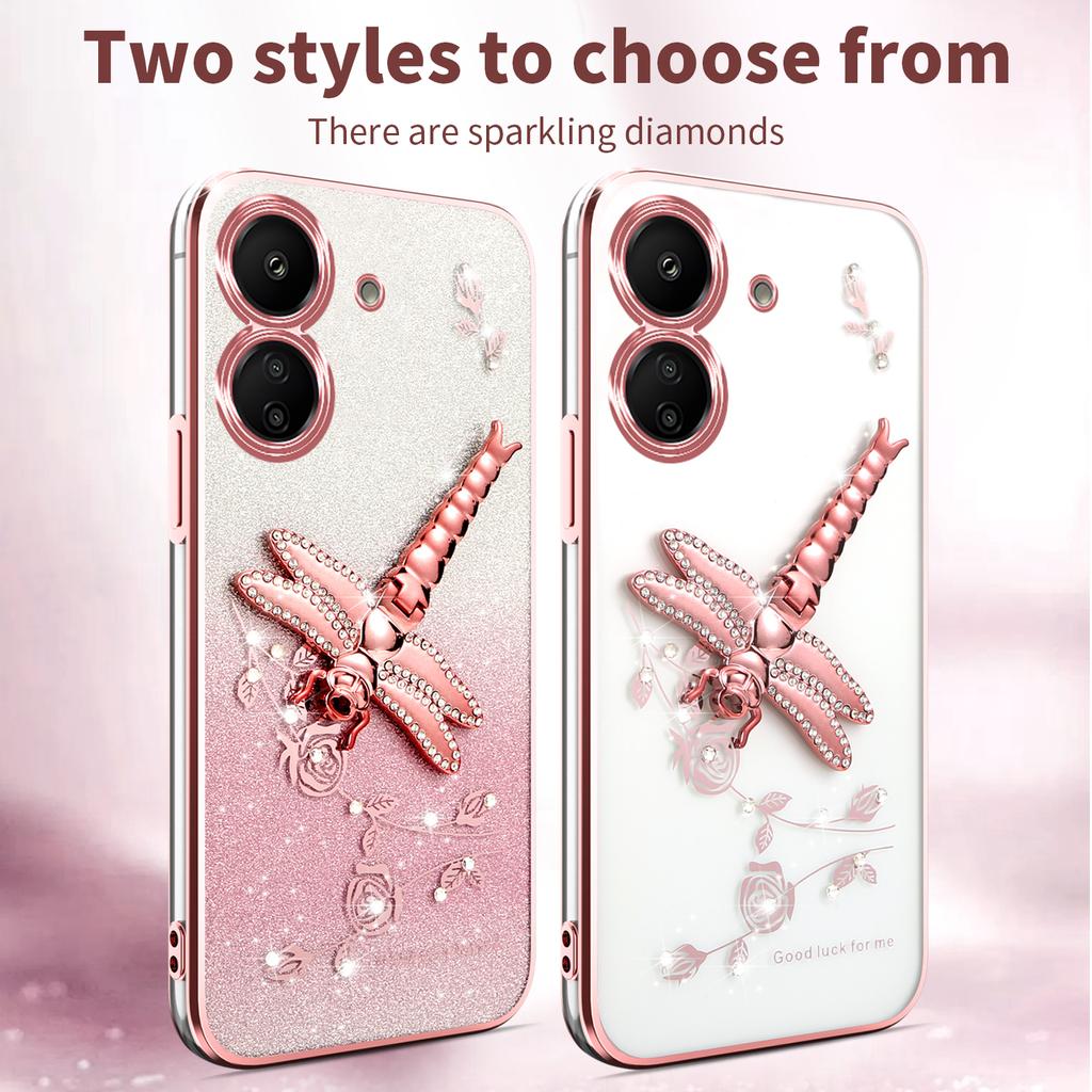 Pro Xiaomi Redmi 13C 4G/Poco C65 4G Pouzdro Vážka Stojánek TPU Květiny Třpytivý Kryt na Telefon