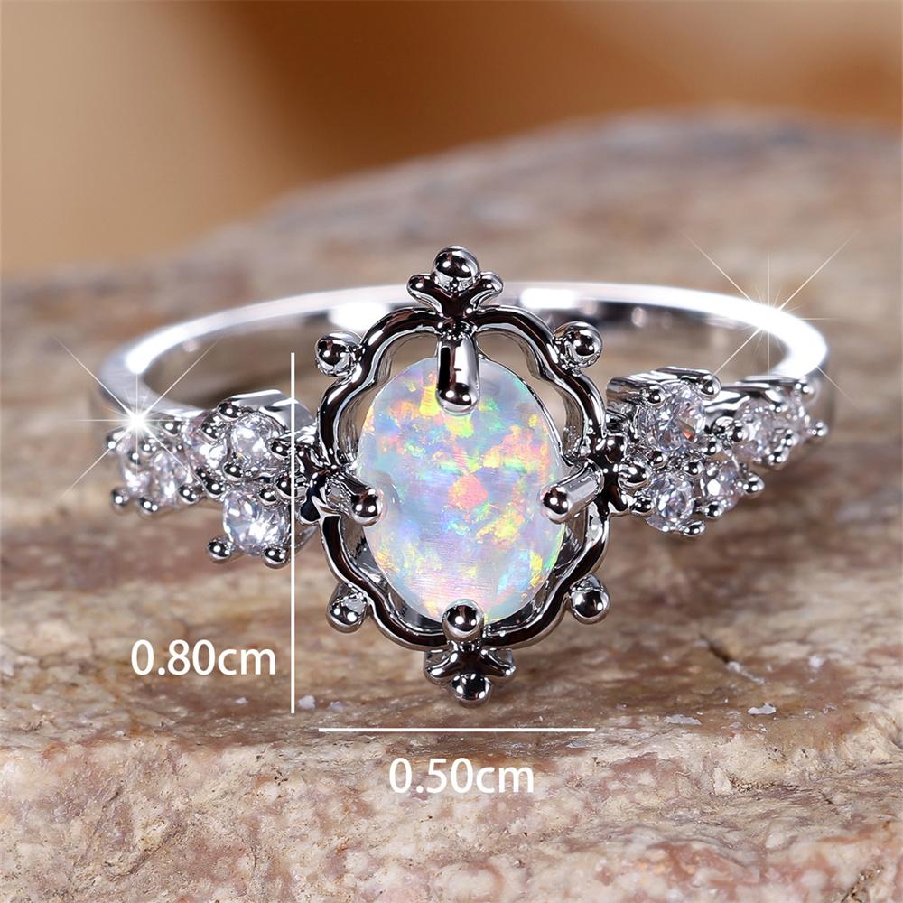 Weißer Feueropal Ovaler Stein Verlobungsringe Für Frauen Vintage Silberfarbe Luxus Kristall Eheringe Geburtsstein Schmuck Geschenke