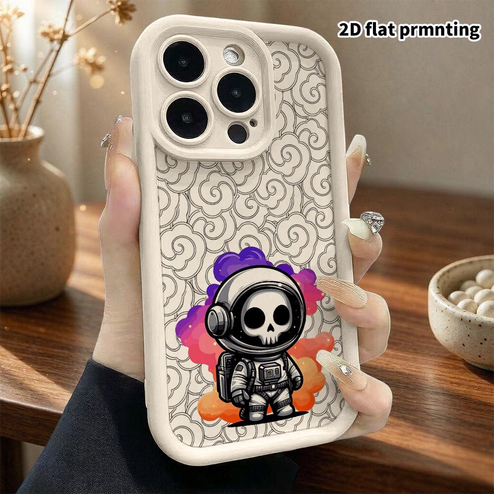 Phone Case: 2D Flat Design Suitable for iPhone 18 17 16 15 14 13 Pro Stepped Protective Case, Skull Astronaut, Christmas and Halloween Gift