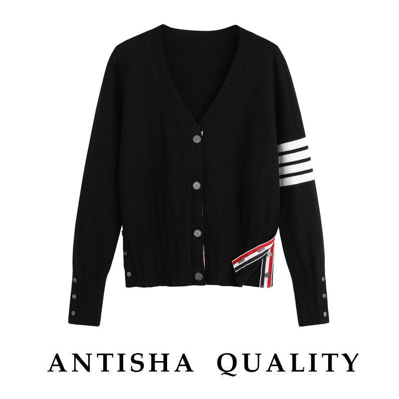 TbB Women's Knitted Cardigan - Trendy Four-Stripe College Style, Versatile Spring/Autumn Sweater Coat