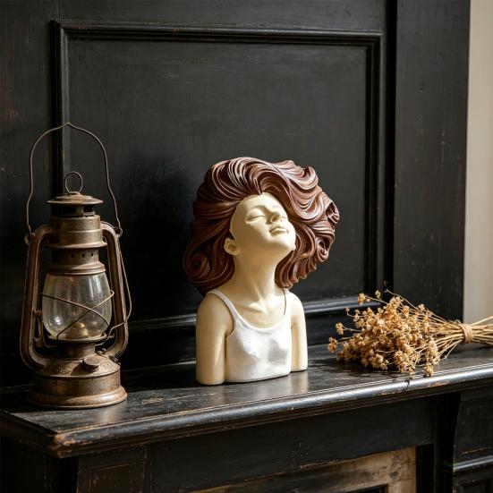 Braunhaariges lockiges Mädchen Header Figur Harzkopf Büste Skulptur für Schlafzimmer Wohnzimmer Heimbüro Schreibtisch Regal Dekoration