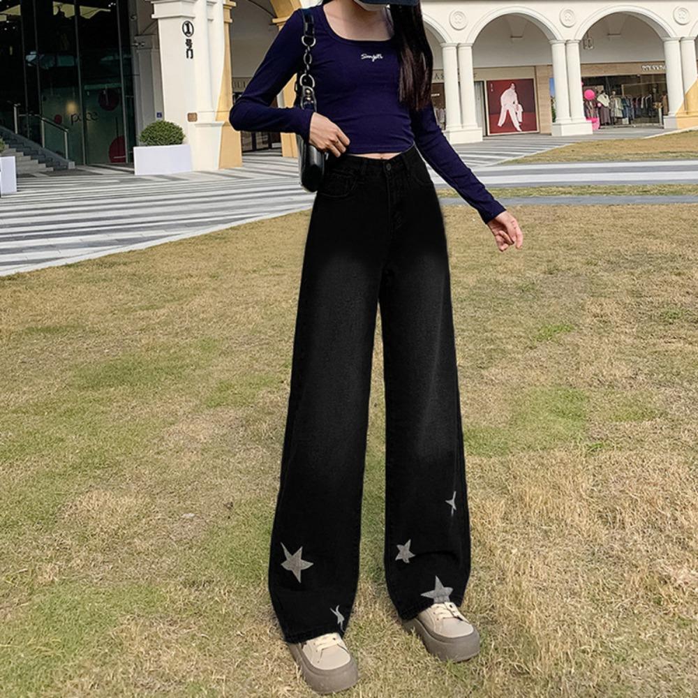 

Персонализированные джинсы клеш женские весна и осень новые модные универсальные с высокой посадкой джинсы прямого кроя с принтом звезд XS чёрный