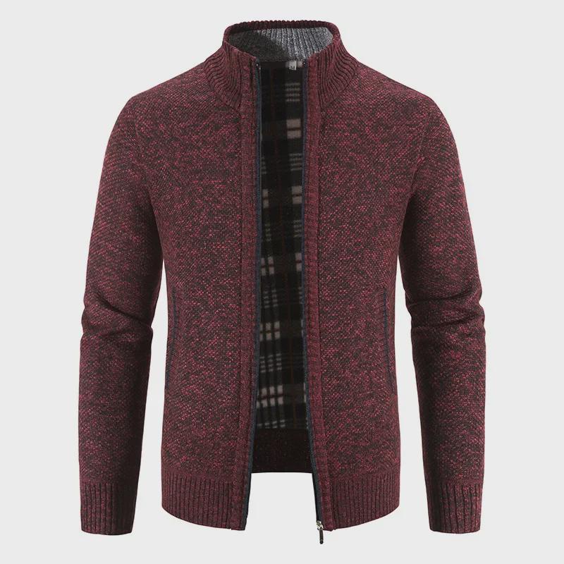 Velvet Thickened Full-Zip Cardigan Sweater with Stand Collar - Large Size, Perfect for Autumn and Winter Warmth