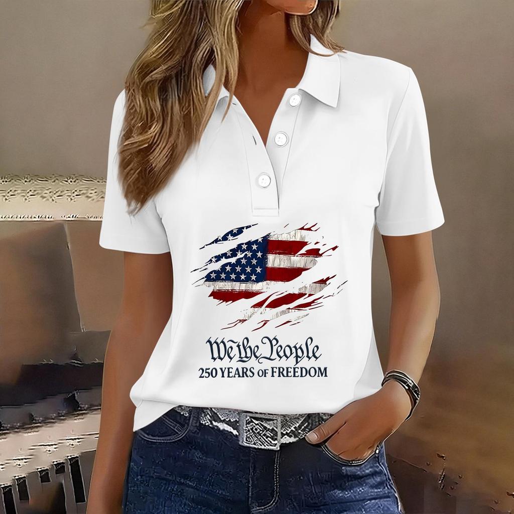 Damen Casual Knopfleiste Kurzarm Poloshirt Amerikanische Flagge Grafikdruck 250. Jahrestag Patriotisches Oberteil Leichtes Sommer-T-Shirt