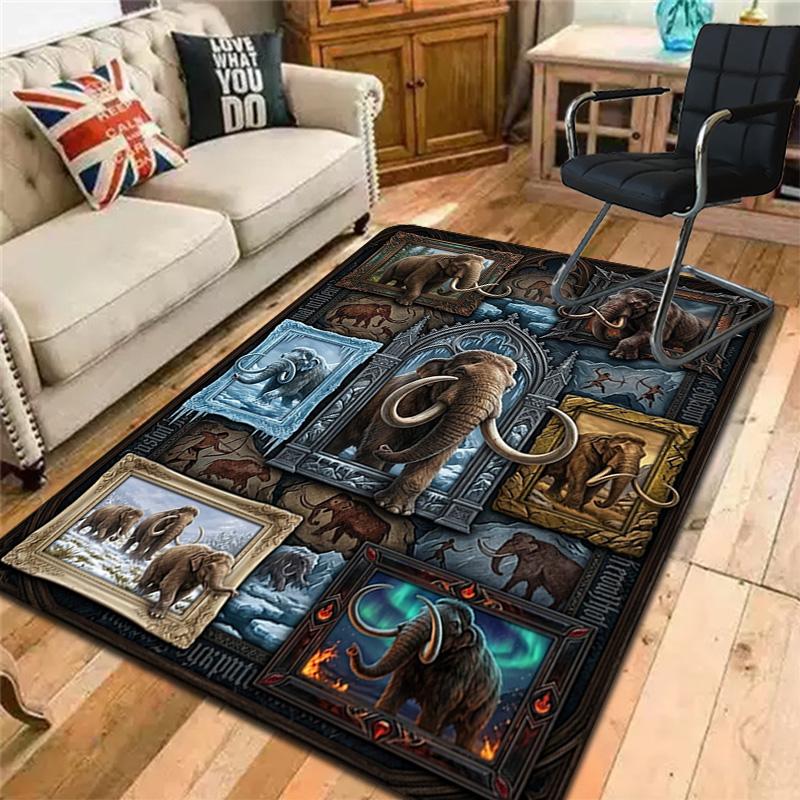Prehistoric Mammoth Collage Pattern Rug Floor Mat for Living Room or Bedroom Soft and Comfortable Carpet a Gift for Birthday and Holiday.