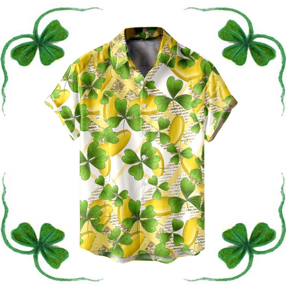 Saint Patrick Mens Shirt Festive Green Shamrock Print Lapel Short Sleeved Shirt Vintage Solid Shirts Cardigan Men's Blouses