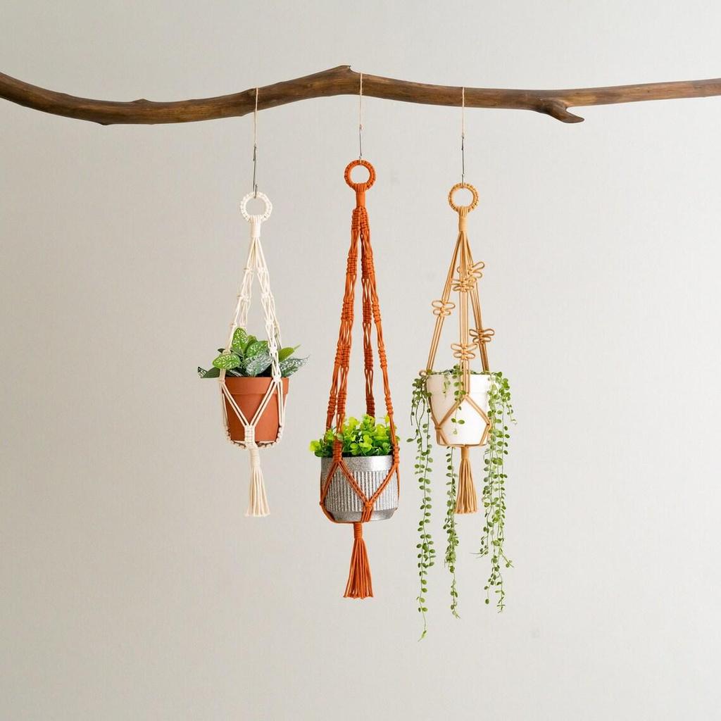 3-Piece Woven Cotton Rope Hanging Basket Set with Colorful Tassels, Bohemian Decorative Bag Hanger