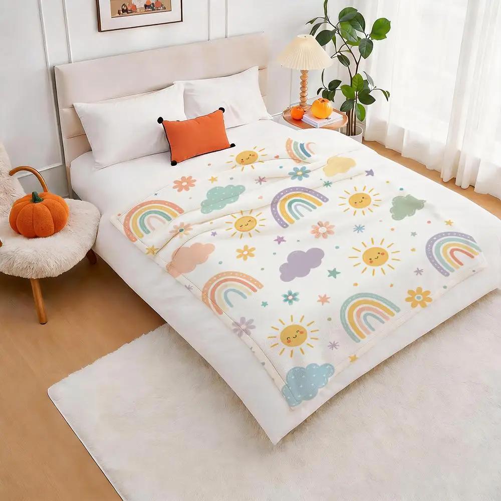 Rainbow Sunshine Cute Throw Lightweight 240G Flannel Blanket Soft Skin-Friendly For Summer Cooling