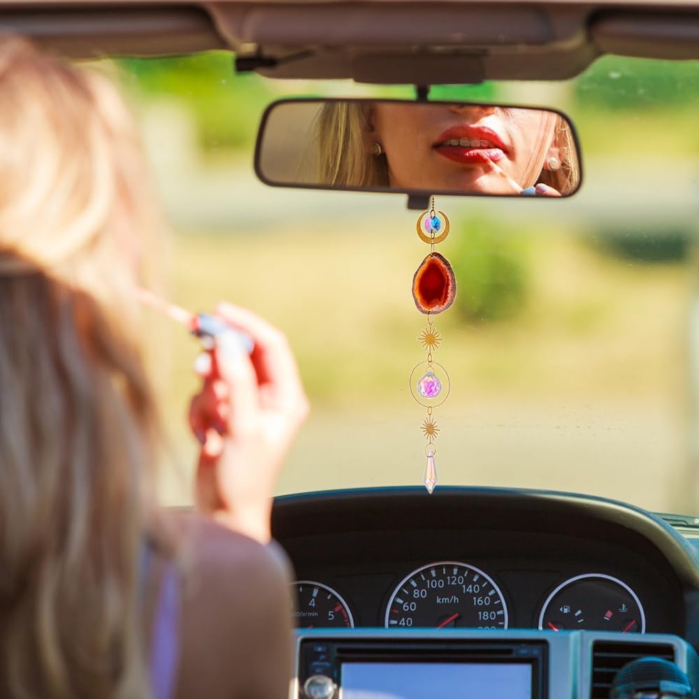 Agate Car Hanging Ornament, Swinging Rear View Mirror Pendant Crystal Car Interior Decorations for Men Women Car Office Room