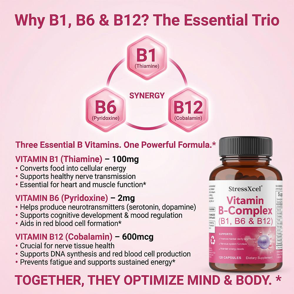Complesso di Vitamine B (B1, B6, B12) Integratore Alimentare, 120 Capsule per Flacone