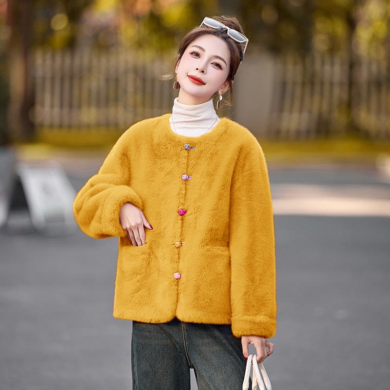

2024 Autumn/Winter Faux Mink Fur Short Coat with Round Neck M (110-120 Jin) жёлтый