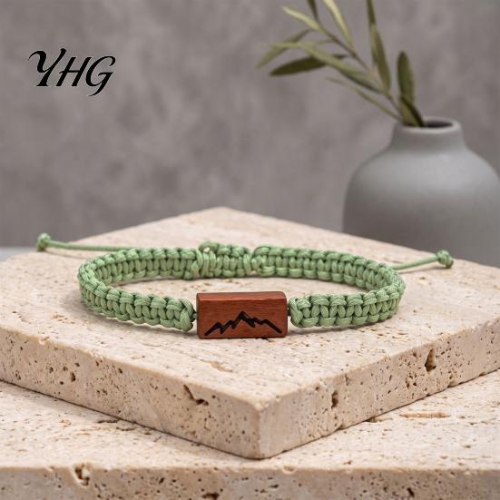 Outdoor Travel Braided Bracelet Adjustable Rope with Wooden Charm, Ocean Wave/Mountain for Commemorative Souvenir Women Men, Handmade Bracelet,