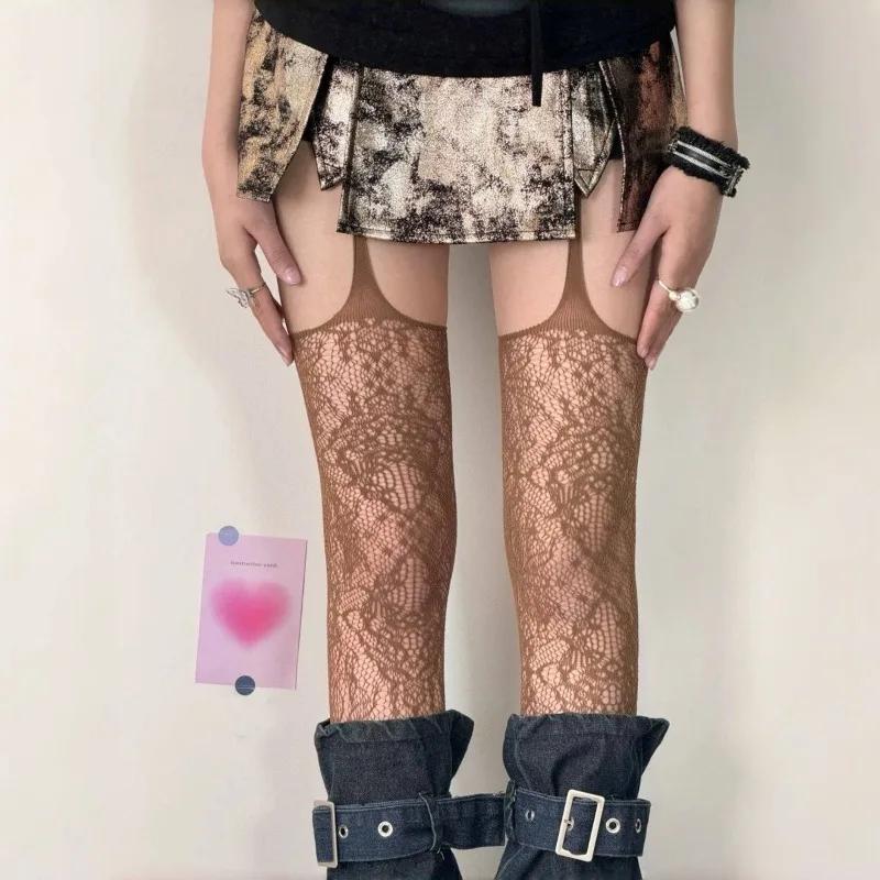 

New Color Purple Tights Women Sexy Fishnet Flower Mesh Stockings with Garters Hollow Out Thigh High Socks Japanese JK Pantyhose One Size кофейный
