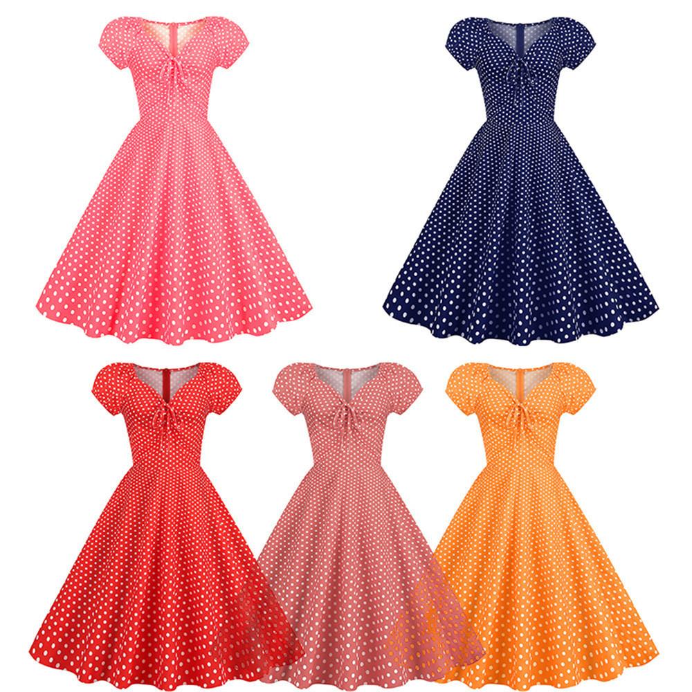 

Women Retro 50s 60s Hepburn Swing Rockabilly Polka Dot Print Short Sleeves Midi Dress Bridal Host Wedding Bride Bridesmaids Party Gowns S красный