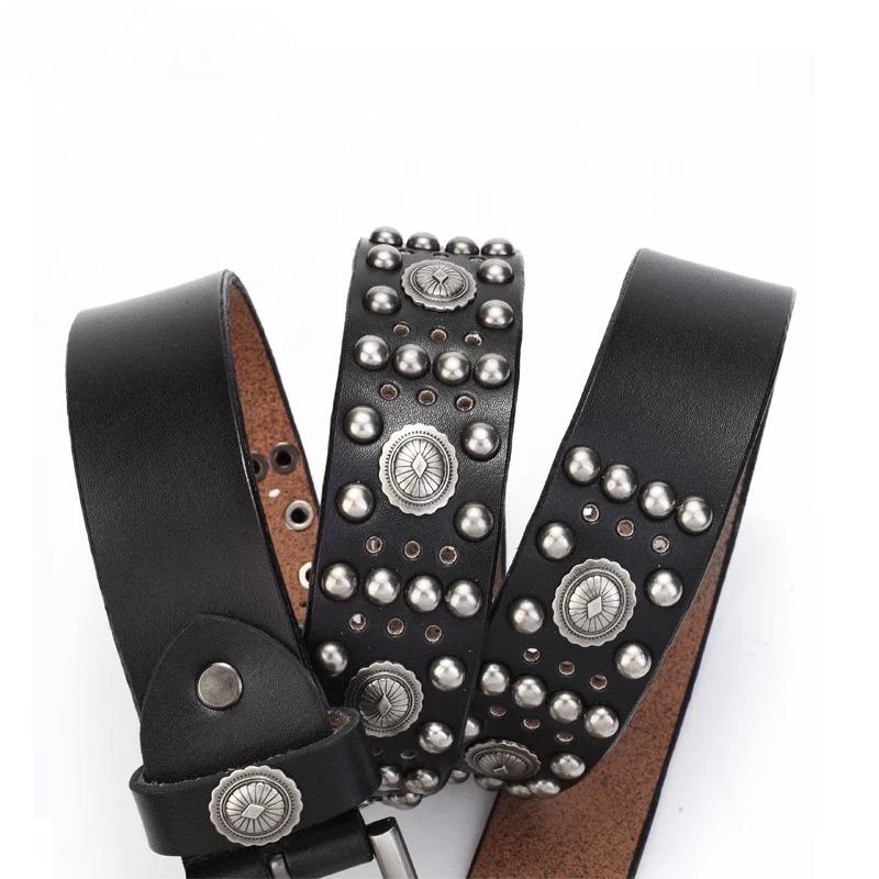 Hochwertiger Cowboygürtel mit Metallnieten, Top-Grain-echtes Leder, Rindsleder, Herrengürtel, Punk-Nieten, Jeansgürtel für Männer