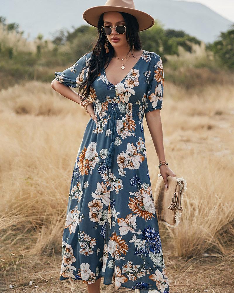 2023 Summer New Sexy Printed Bohemian Dress with Waistline Slimming Women's Clothing
