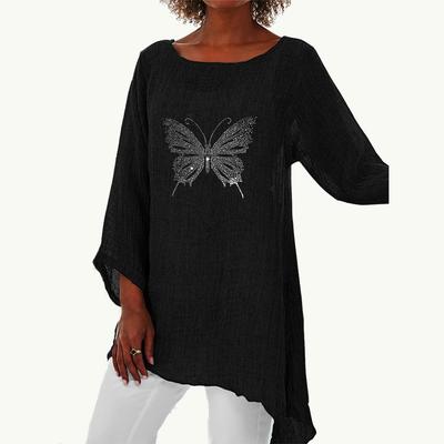 Women Spring&summer Fashion Long Shirt Female Casual 3/4 Long Sleeve Thin Top Plus Size Round Neck Print Loose Shirt