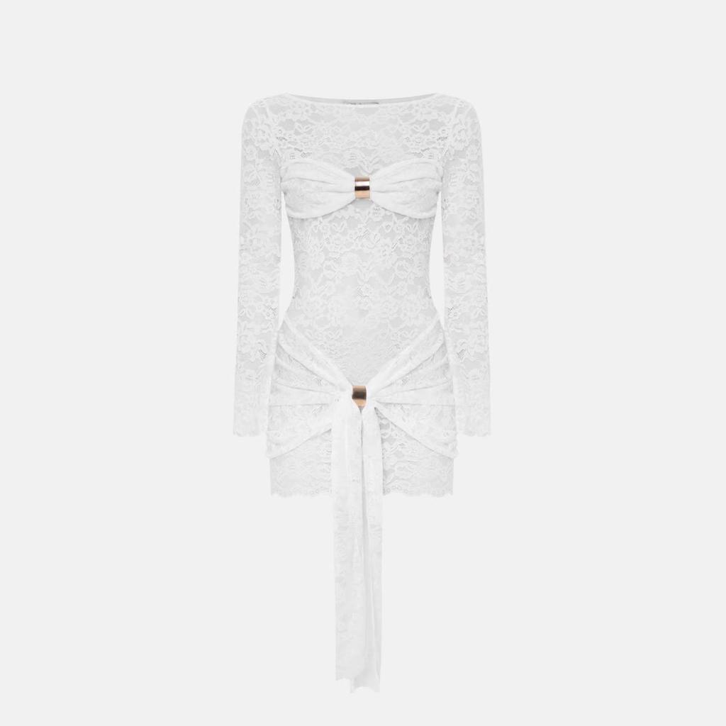 Europäisches & Amerikanisches Sexy Durchbrochenes Spitze Rundhals Langarm Schlanke Passform Einfarbig Bodycon Kleid