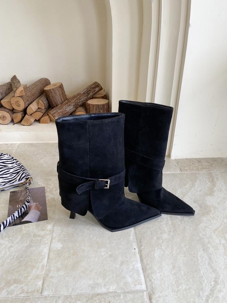 2025 new autumn European and American style belt buckle suede pointed high heel stiletto short boots