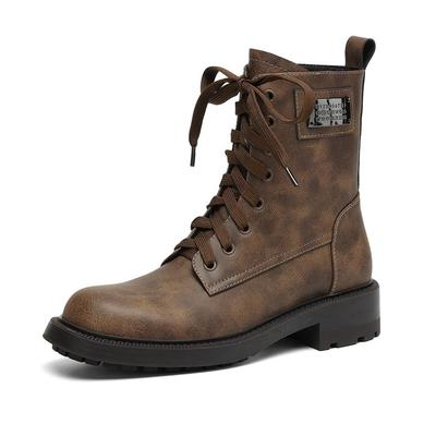 Genuine Leather Winter Round Toe Western Boots Med Heels Women Cross-tied Lace Up Women Ankle Boots