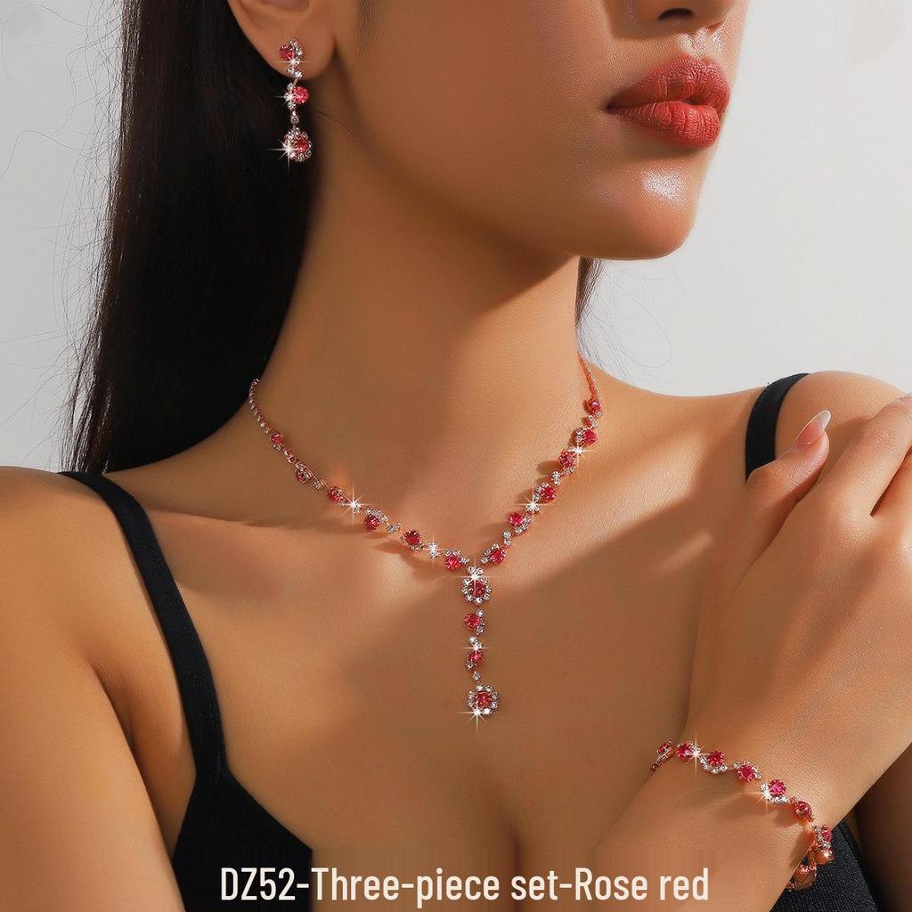 Pink Diamond & Multi-Color Gem Jewelry Set: Necklace, Earrings, Bracelet Trio for Weddings.