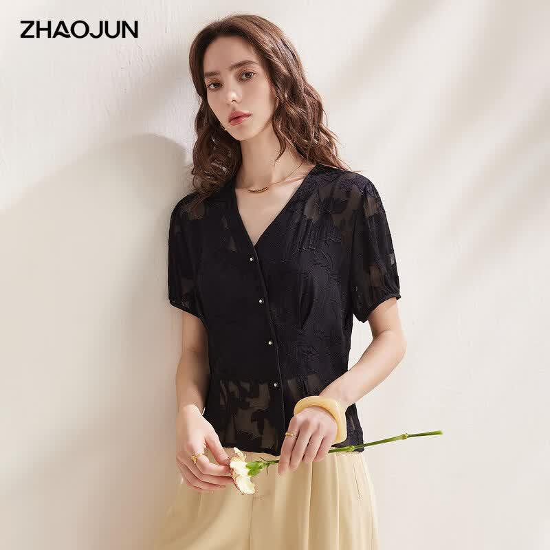 Zhaojun Women s Hollow-out Floral Puff Sleeve V-neck Top 3XL чёрный