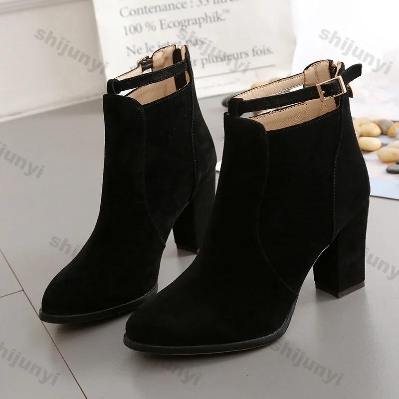 Fashion Woman Suede High Heel Ankle Boots British Style Fashion Thick Heel Pointed Back Zipper Boots Women Square Heeled Short Booties