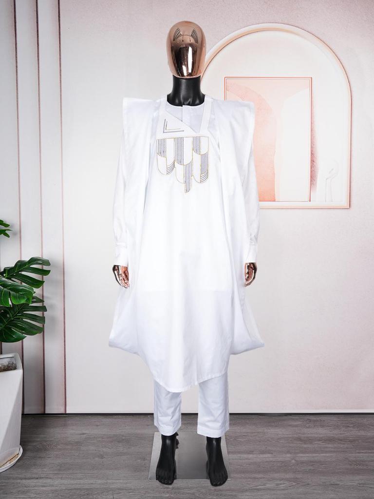 African Men's Traditional Three-Piece Set: Embroidered Robe, Pants, and Matte Cloth