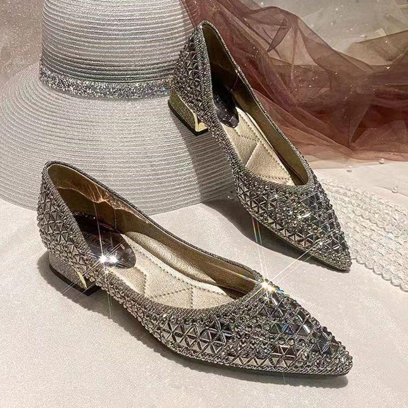 Fashion FHC New Women Rhinestone Flats,Soft Working Shoes,Summer Low Heels,Hollow Out,Slip On,Pointed Toe,Black,Grey,Dropship