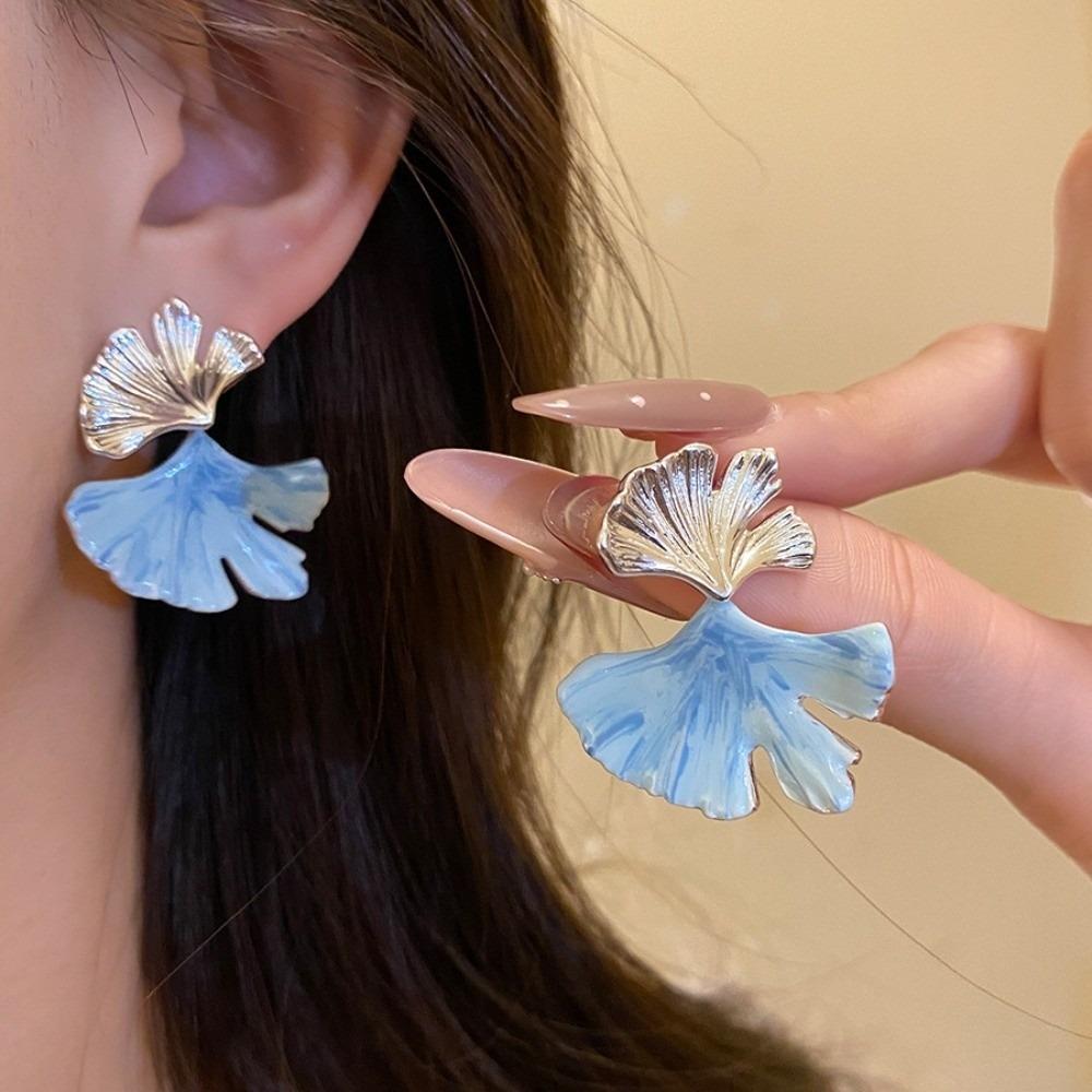 Double-layer Ginkgo Earrings Leaf Fan Shaped Earrings Jewelry Fashion Ginkgo Ear Pendant  Gift Blue 3.5cm