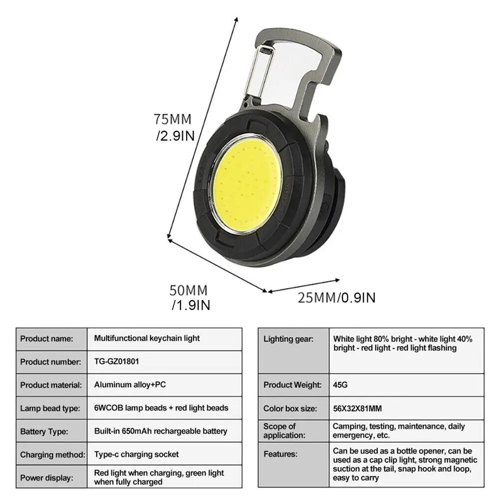 Portable COB Mini Keychain Light Rechargeable Outdoor Multi Functional Maintenance Work Light Emergency Lighting Flashlight