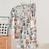 Cartoon Kitten Pajamas, Cute and Sweet Women's Mid Sleeved Long Pants Sleepwear, Lapel Print Home Clothes