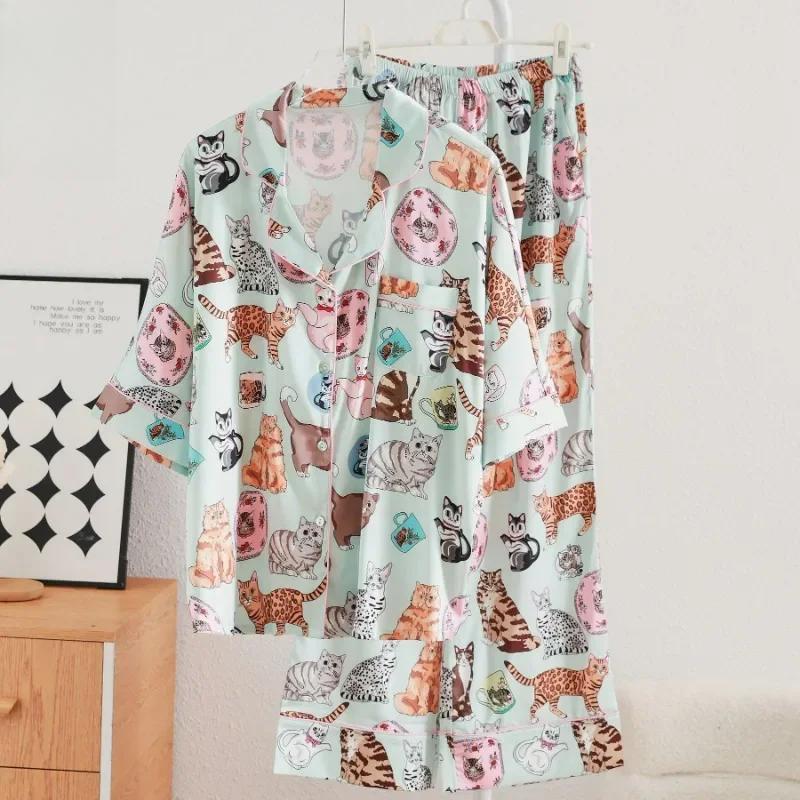 Cartoon Kitten Pajamas, Cute and Sweet Women's Mid Sleeved Long Pants Sleepwear, Lapel Print Home Clothes