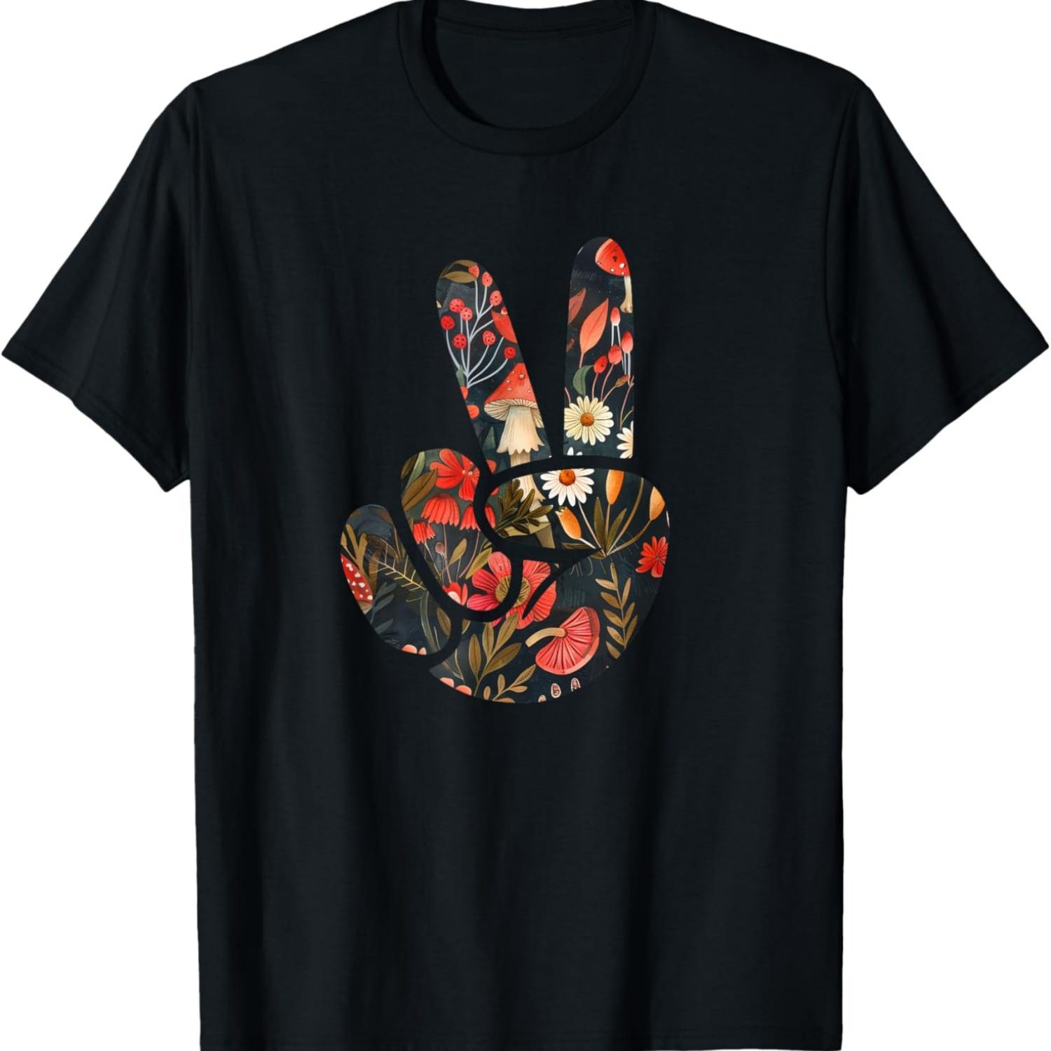 

Natural Silhouette Forest Meadow Cottagecore Peace Sign Hand T-Shirt(70) XXXXXL чорний