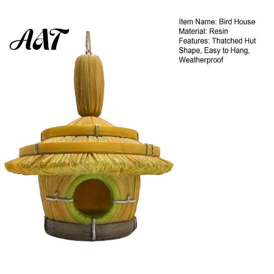Rustic Thatched Roof Bird House Hut House, Decorative Resin Weatherproof Hanging Nest for Backyard Shelter Outdoor Garden Decor Watching Gift Lovers