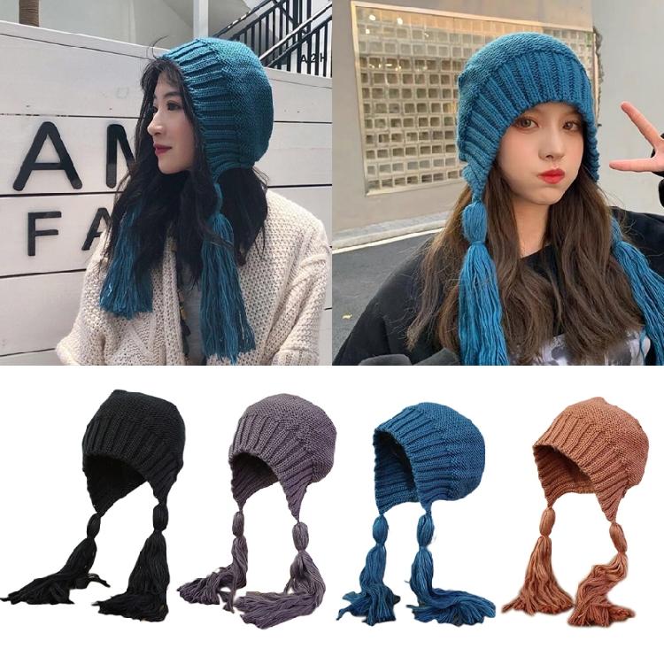 Solid Color Long Twist Braid Beanie Hat Ear Flaps Knitted Hat for Outdoor Sport