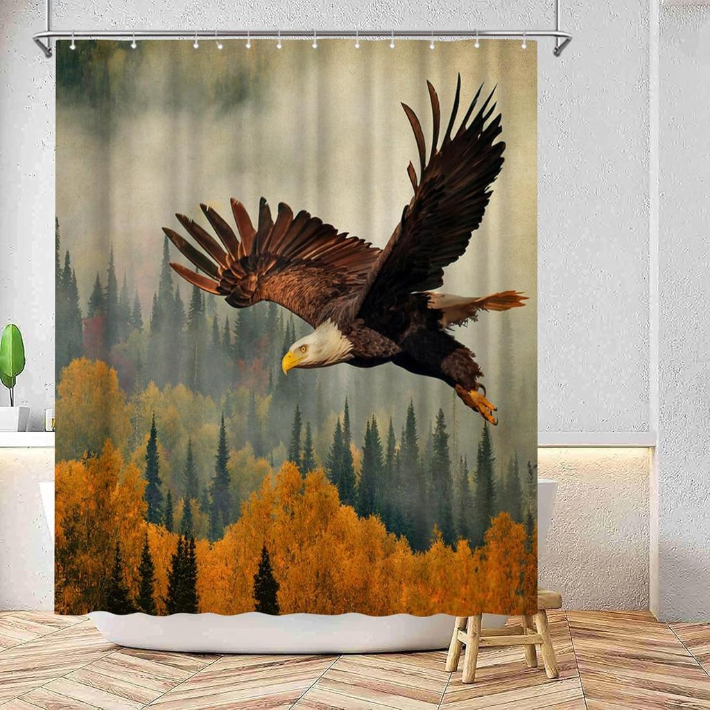 Eagle Shower Curtain Forest Bath Curtain Autumn Nature Bathroom Curtain Washable Easy to Care with
