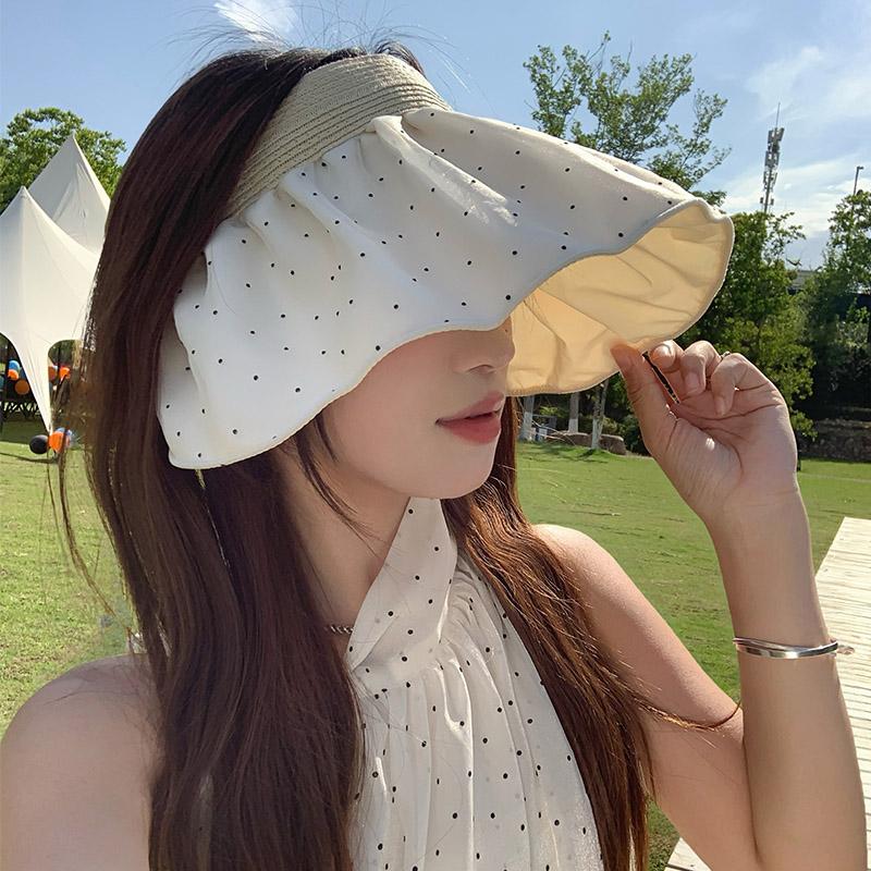 Polka dot pleated empty top hat women's summer large brim anti-ultraviolet sunshade sunscreen hat outdoor face cover sun hat
