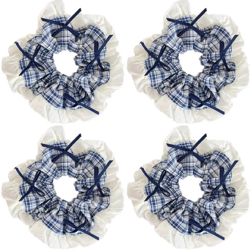 Blueberry Tone Plaid Lace Bow Hair Ring Girl Fashion Versatile Scrunchie Hair Accessories Hair Tie