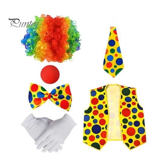 Halloween Clown Cosplay Costume Kit Wig Red Nose Gloves Vest Tie Shoe Men Women Adults Party Stage Performance Clown Dress-up Prop Clothes